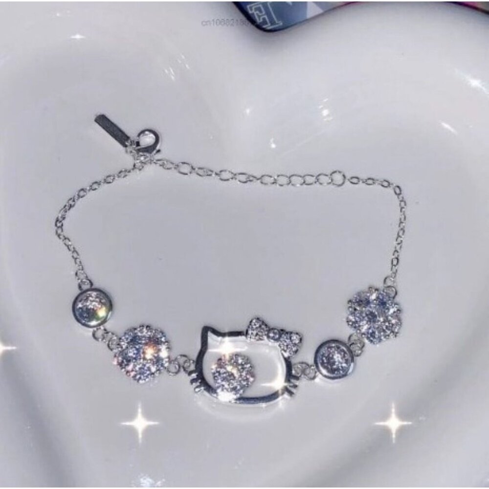 Hello Kitty Sanrio Silver Rhinestone Charm Bracelet – Adjustable Chain for Kids